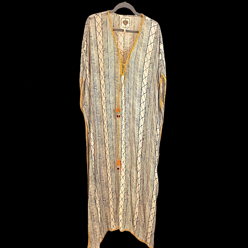 Z&l Kaftan. Lace up front, off white with black pattern, colored stitch, tassels